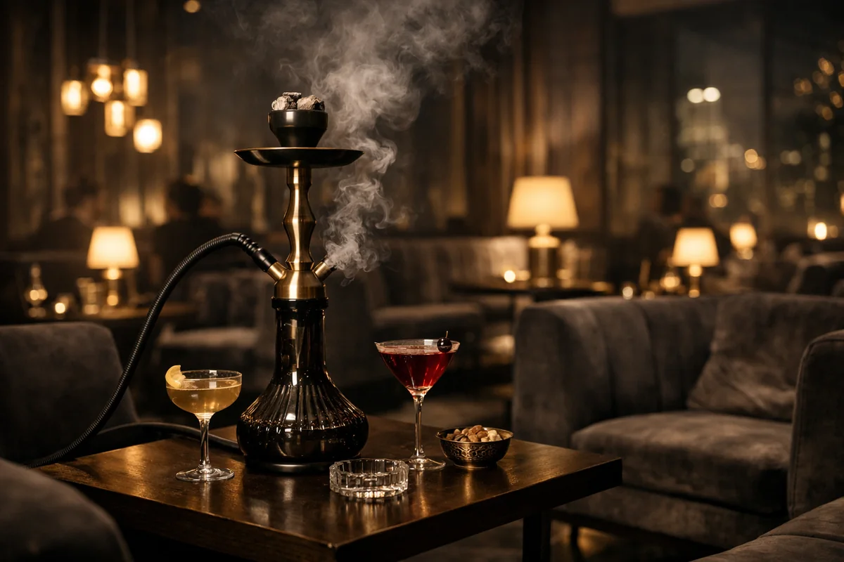 Фотореалістичний premium hookah lounge у вечірньому Києві з димом, коктейлями та м'яким світлом